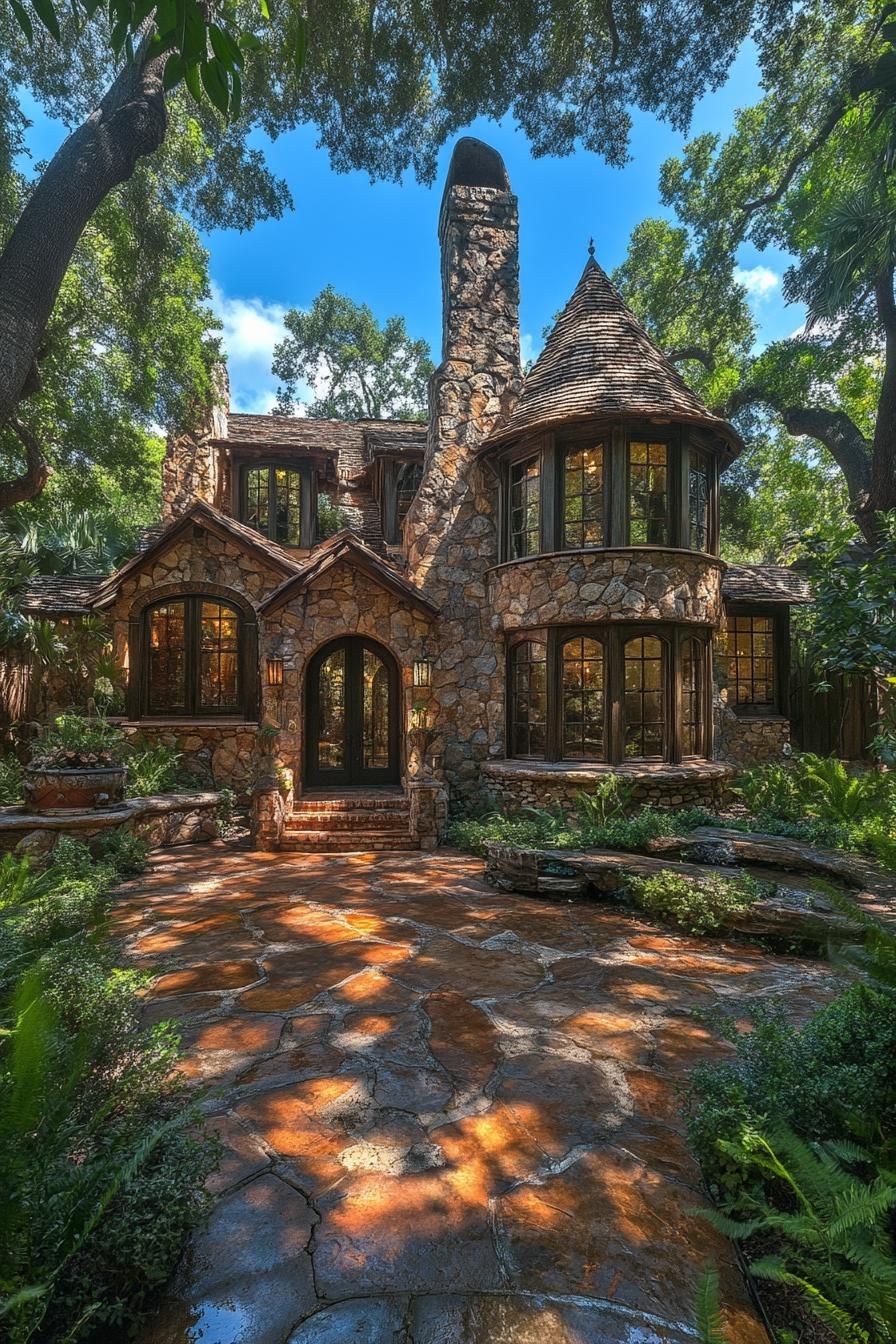 A stone house amid lush woods, with a conical turret