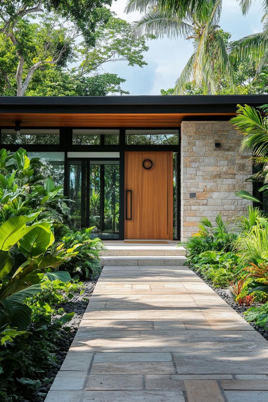 Pathway leads to a sleek tropical house entrance