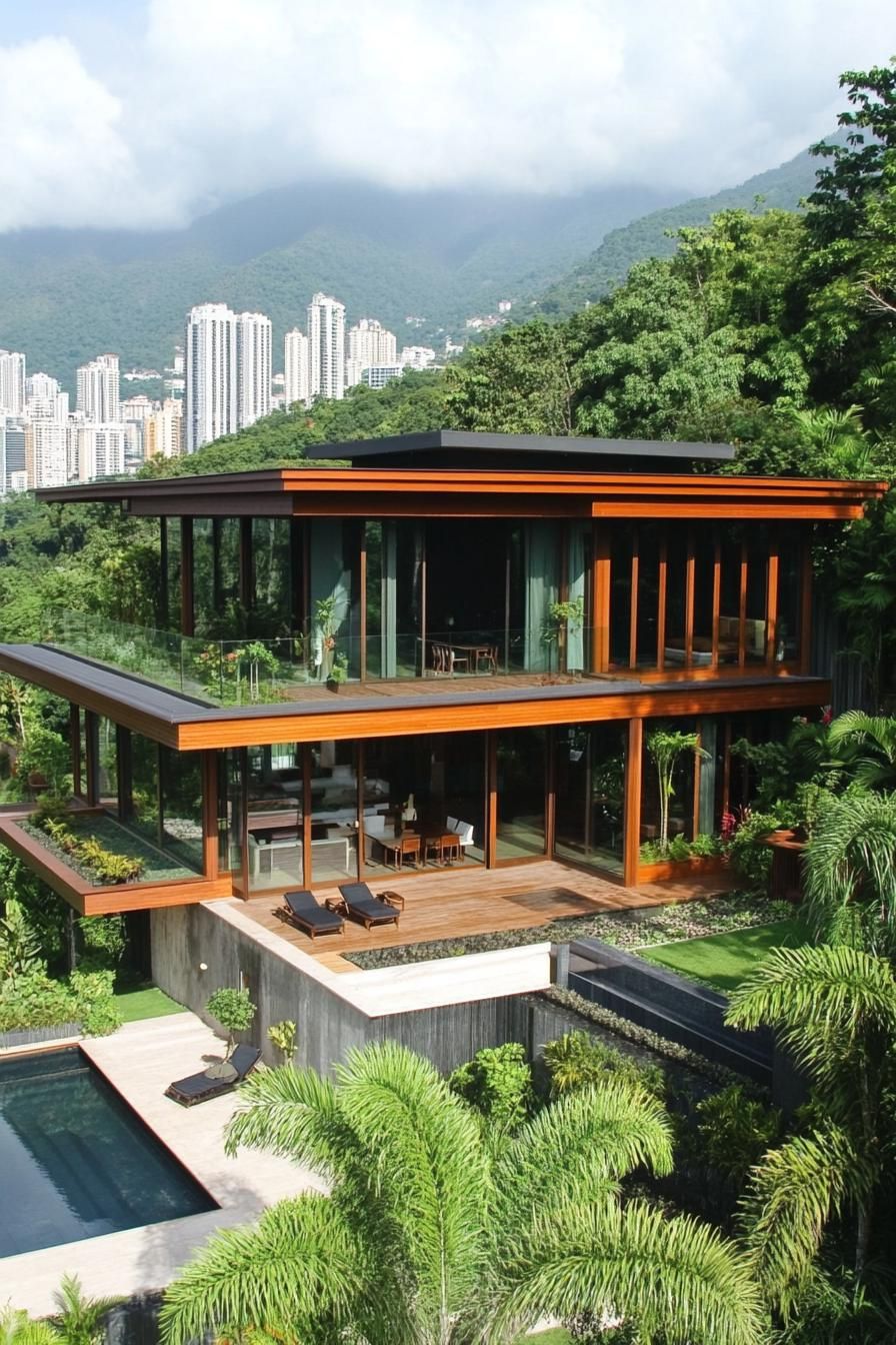 Modern Thai house with large glass panels and lush surroundings