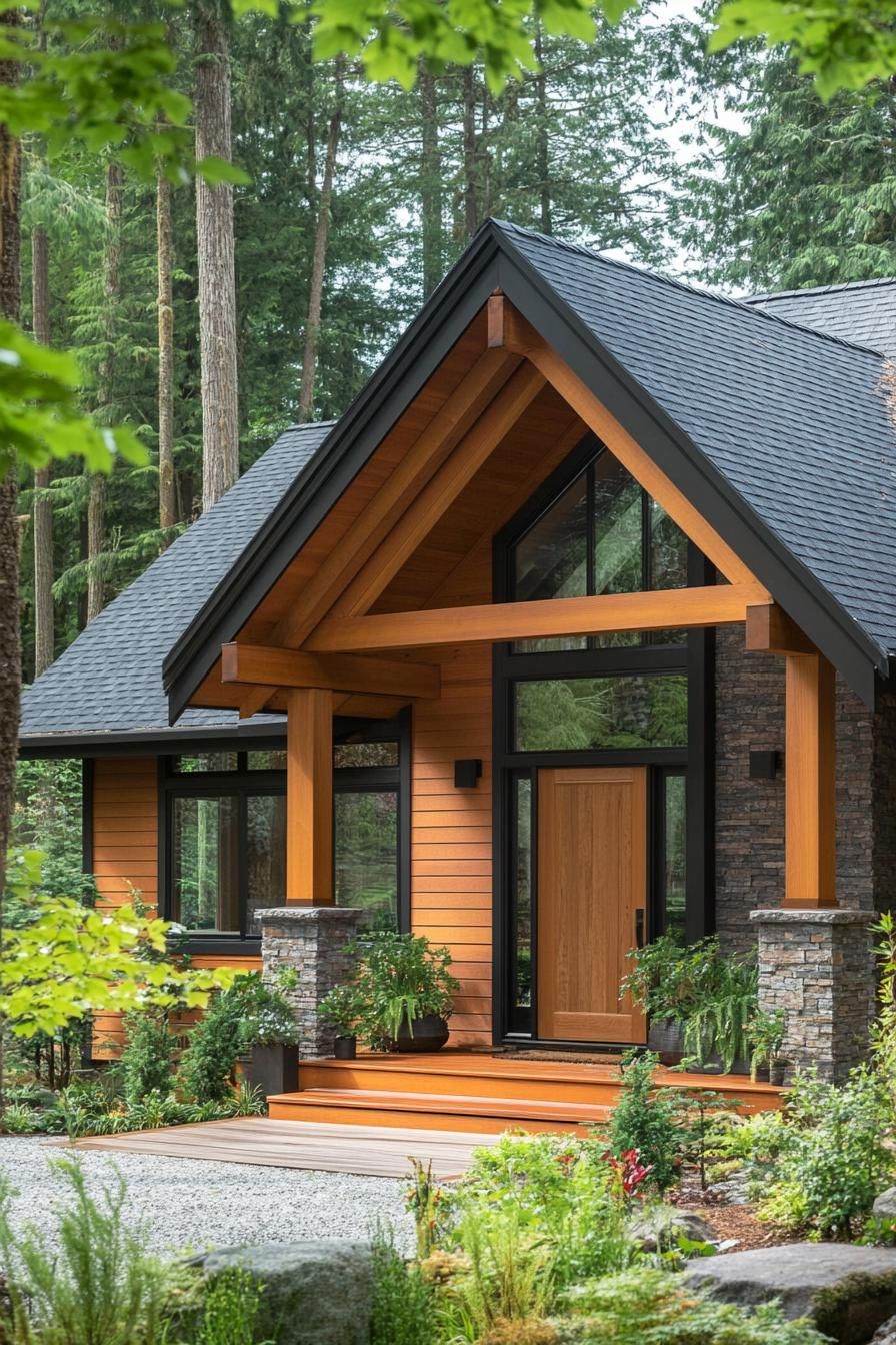 Cozy wooden cabin nestled among tall trees