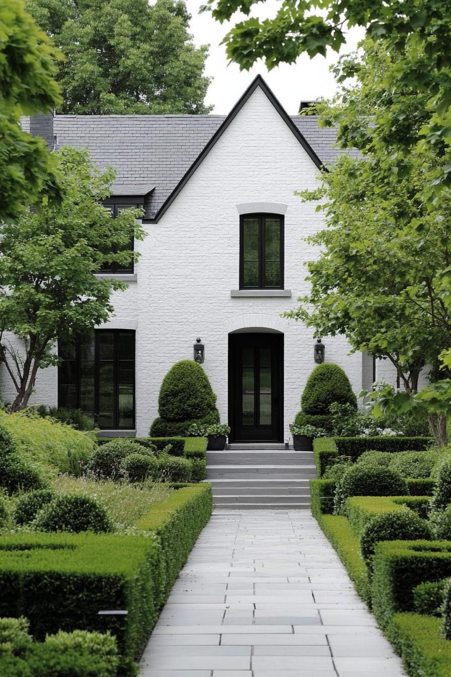 Brick Tudor house with manicured hedges