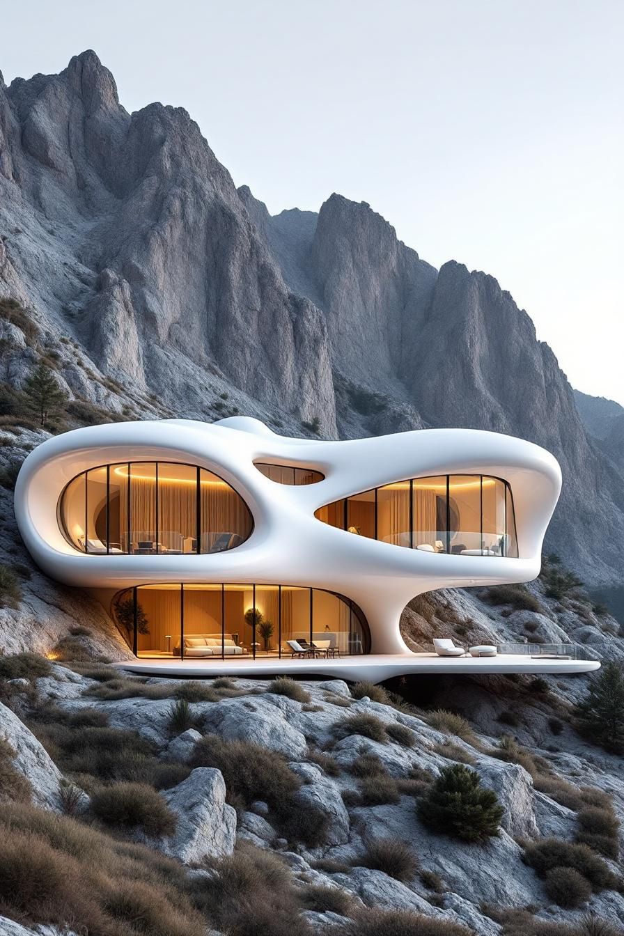 Futuristic home perched on a rocky cliff