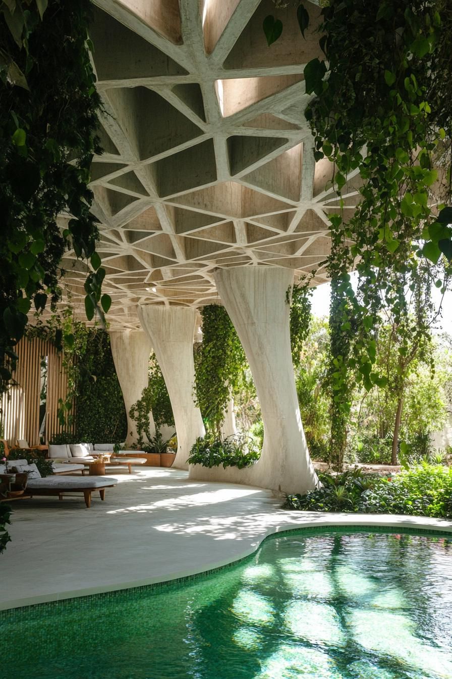 large white concrete pavillion with geometric ceiling over a curvy river pool overgrown with vines climbers runner plants lush greenery there is 3