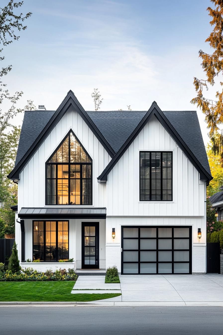 White house with black highlights and frosted garage door