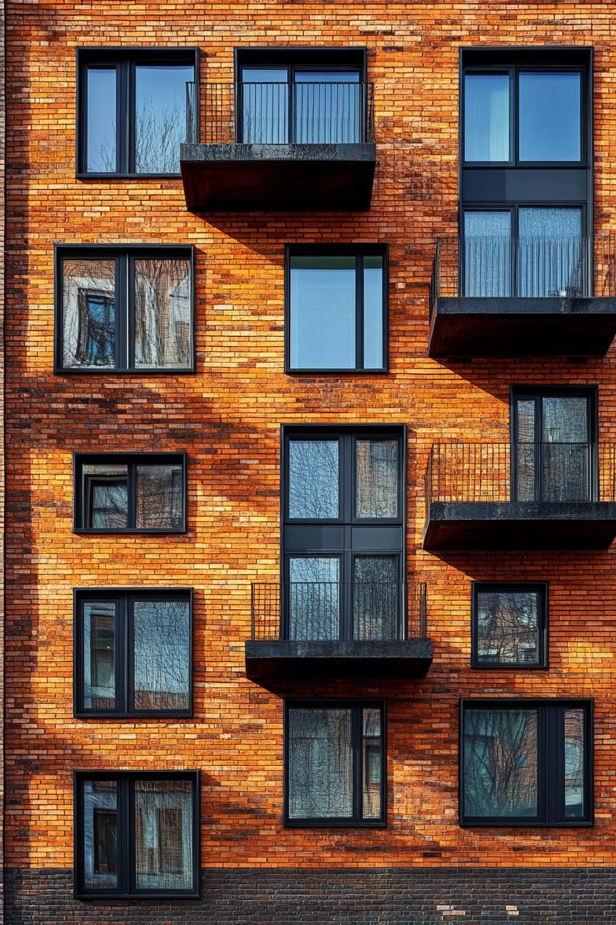 Brick building facade with black framed windows and balconies