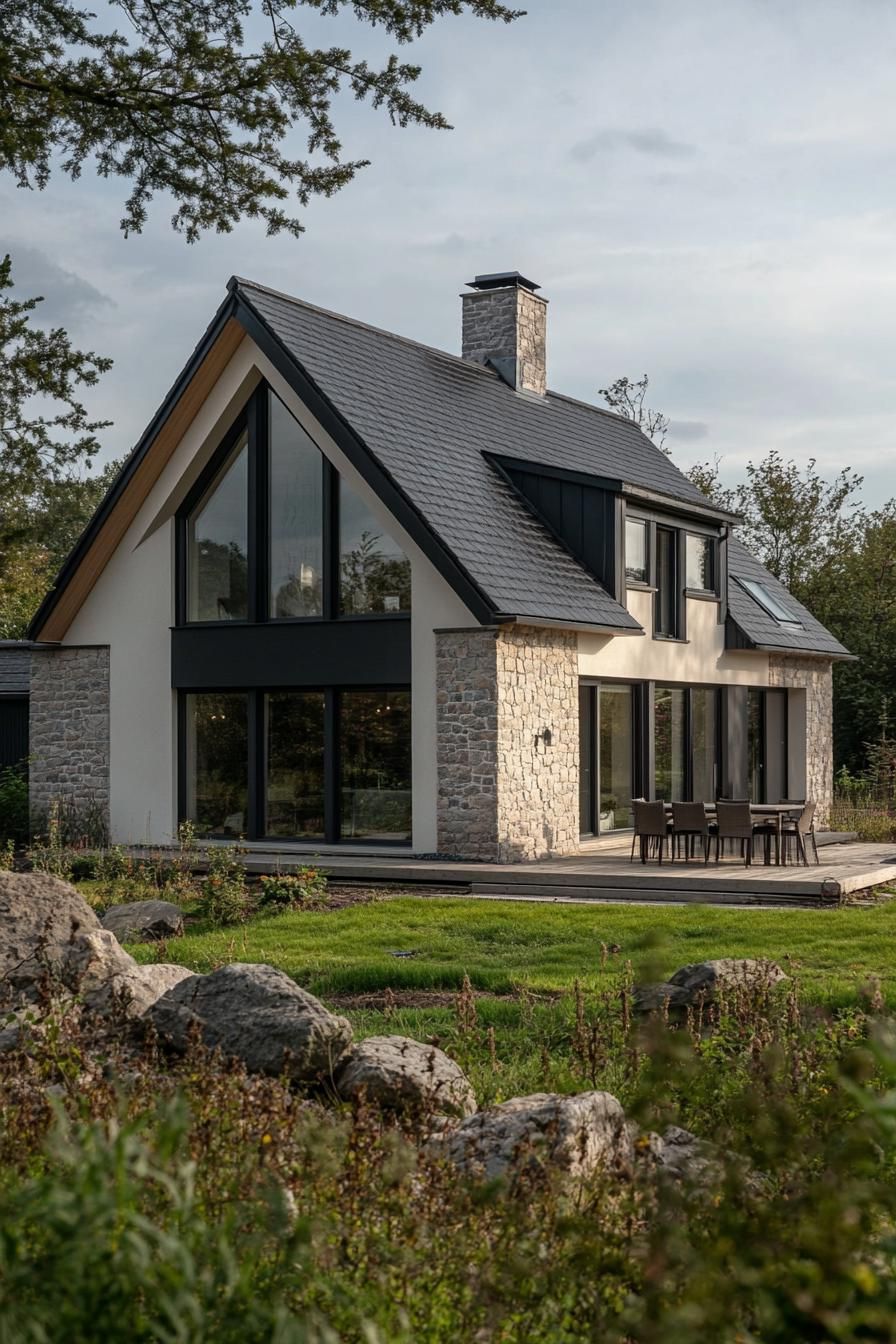 single village house with gabled roof and stone facade modern windows large porch farmland with trees landscape