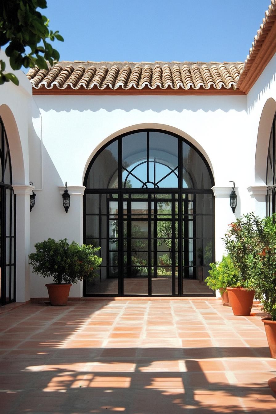 Bright courtyard with terracotta tiles and archway