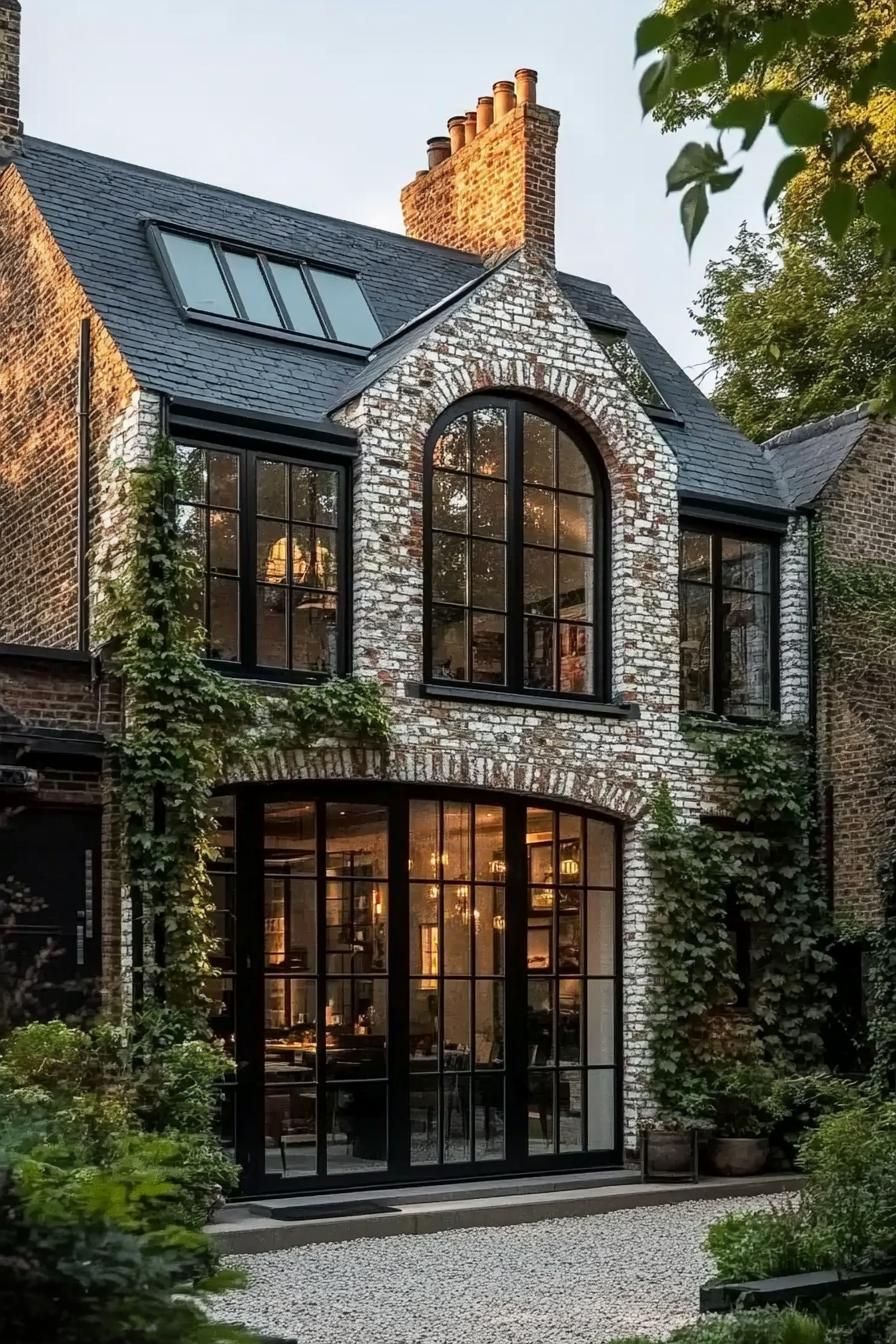 Modern British house with arched windows and climbing ivy