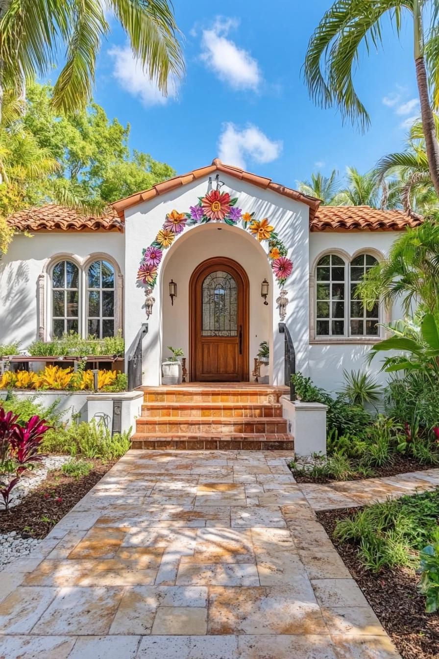 Whitewashed bungalow with floral archway