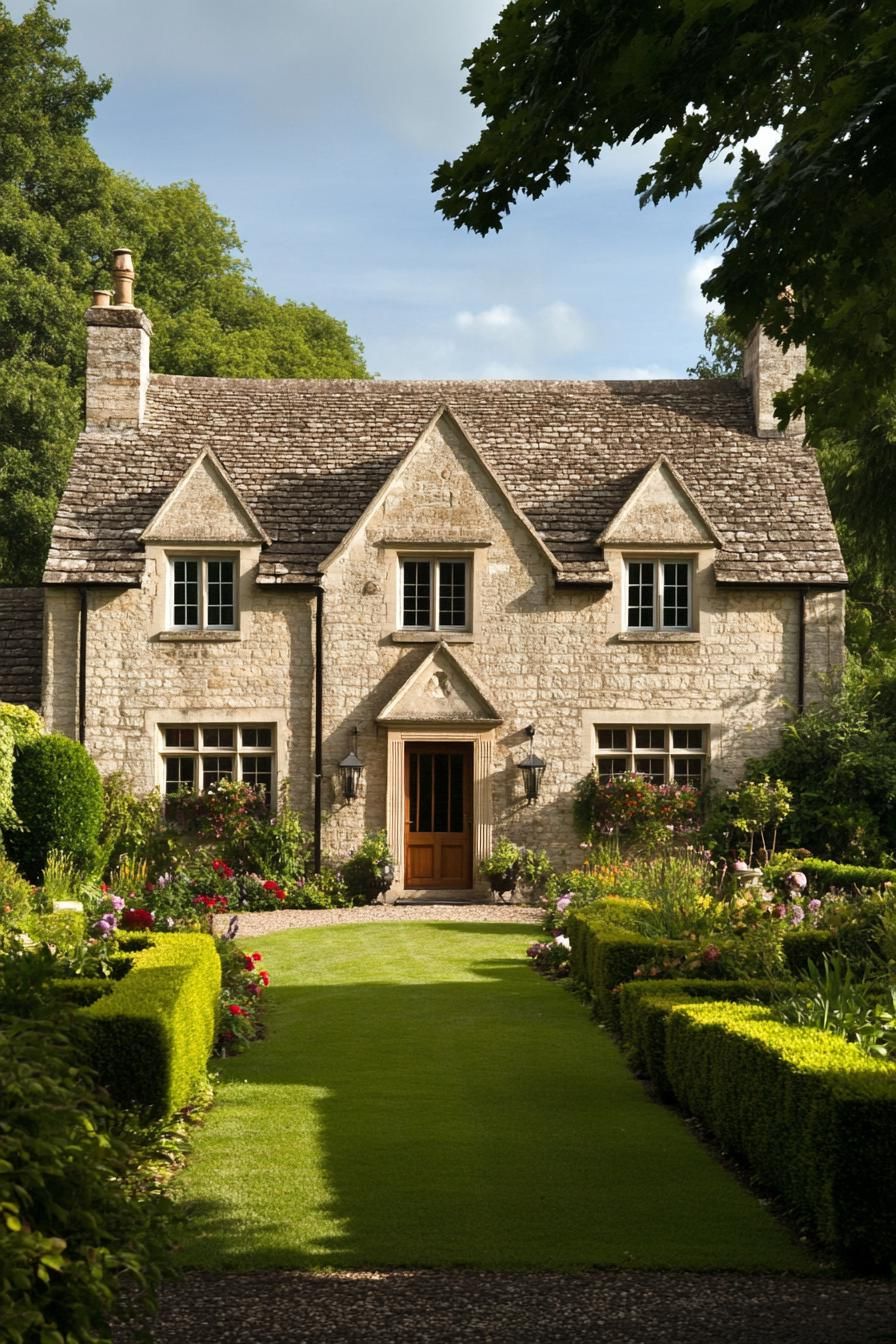 Classic stone cottage with lush garden and vibrant flowers