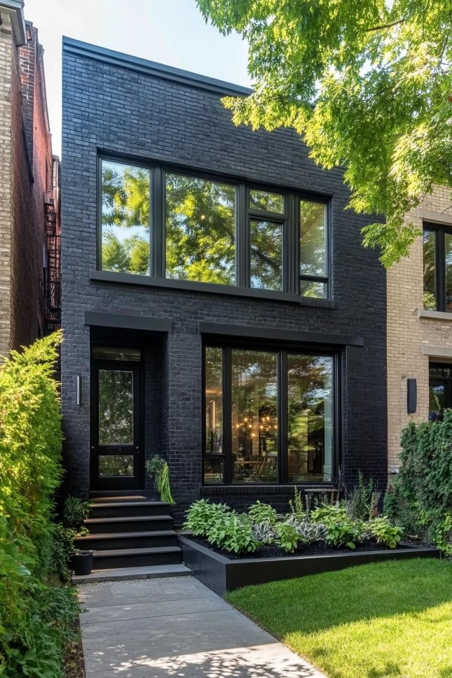 modern black brick townhouse with large modern windows with black trim lush front yard 1