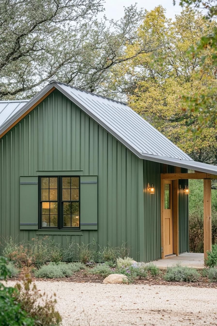 Compact metal home with a green exterior and a gable roof