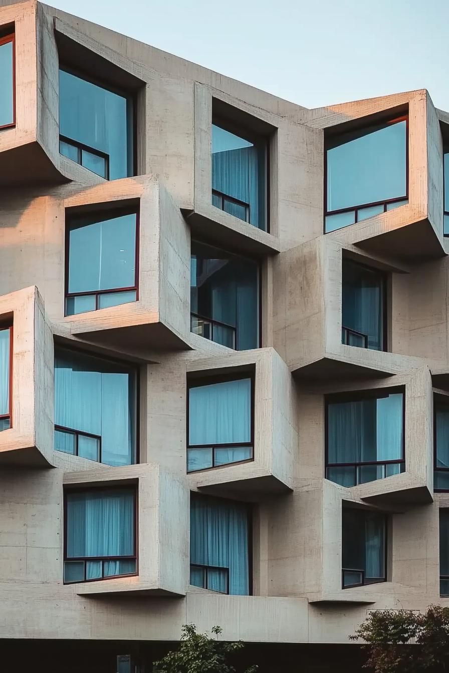 facade of a modern condo building with geometric bay windows 1