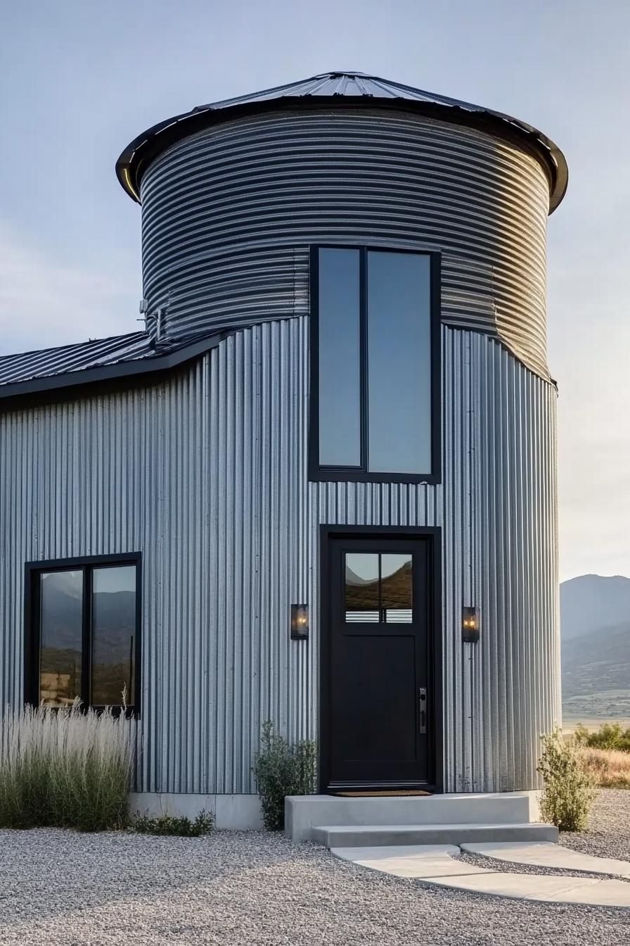 modern house built from a grain silo corrugated metal siding black door and black trim modern windows black roof trim gravel yard mountain range 1