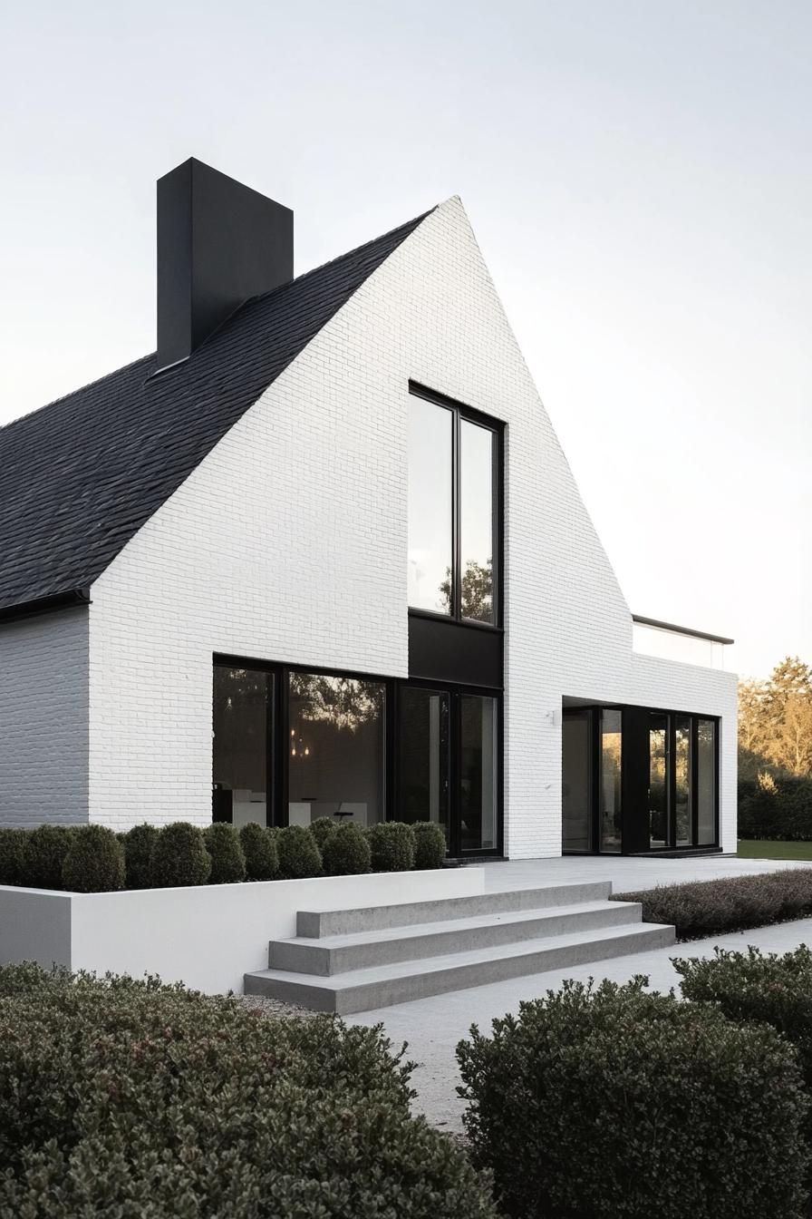 White house with black trim and a steep gabled roof