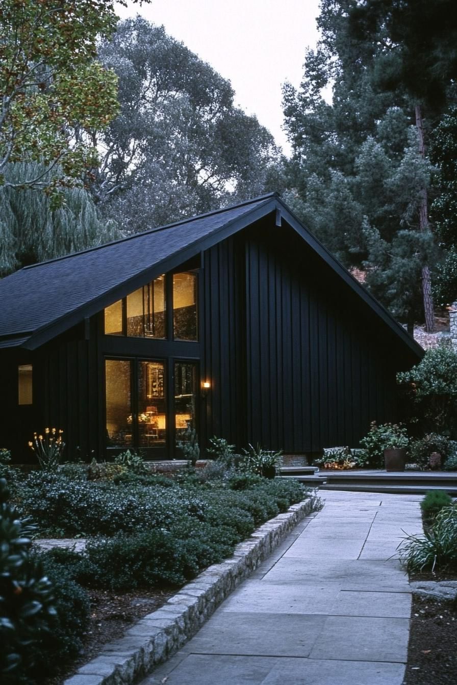 A modern black house amidst lush greenery