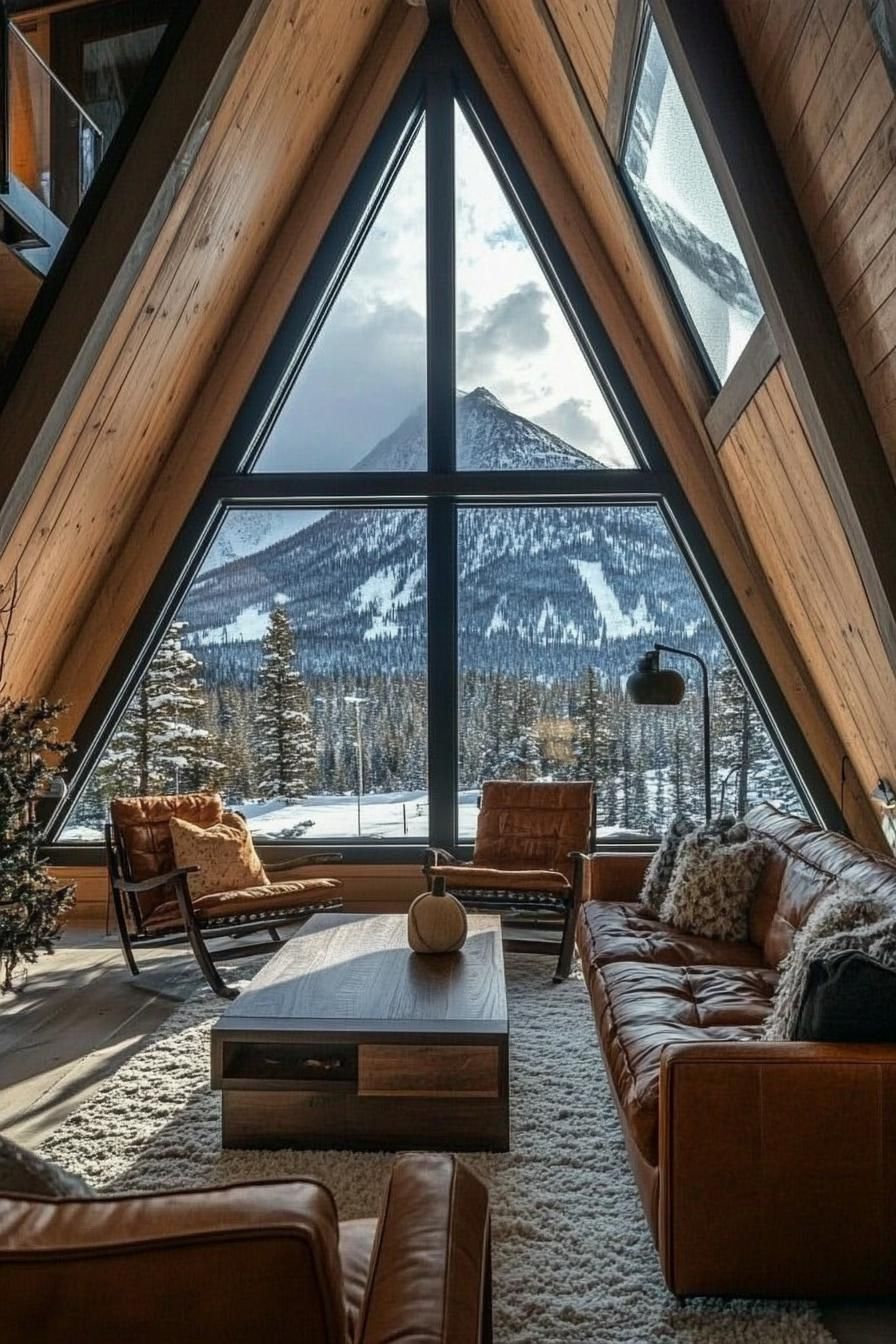 luxury interior of a frame mountain house with full wall windows and stunning snow capped mountain range views 2