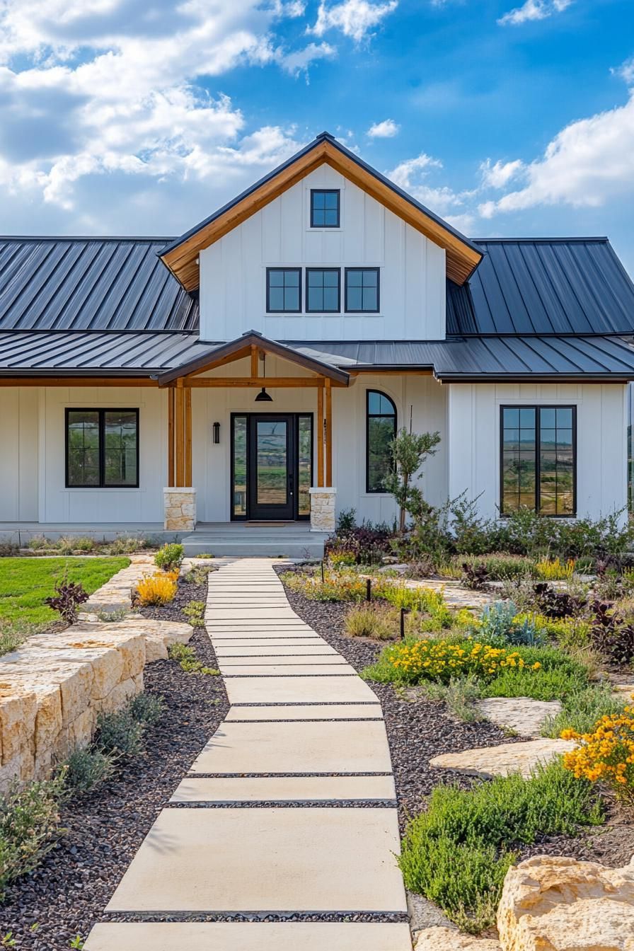 White Gothic-style house with a black metal roof