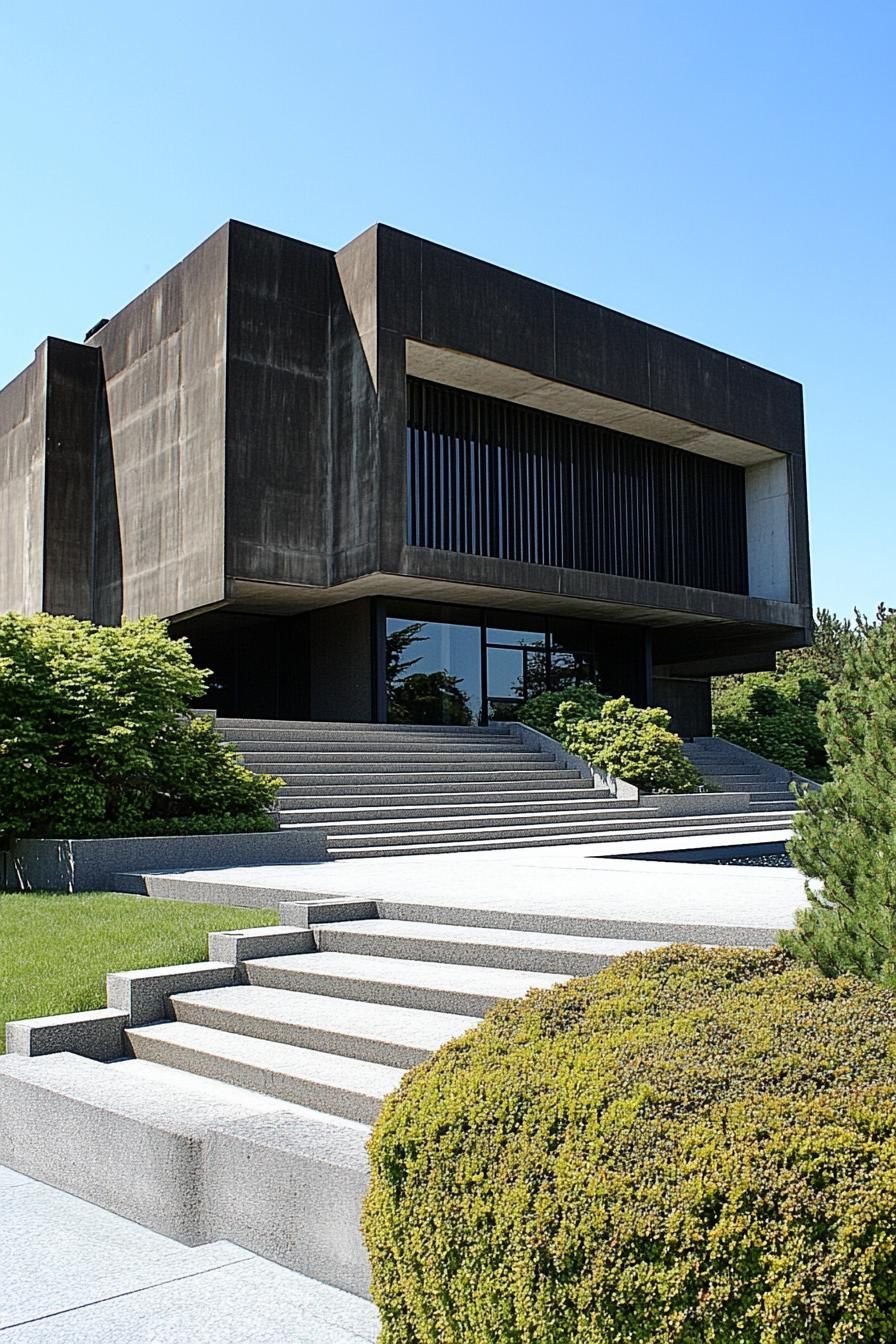 Modern concrete building with lush greenery