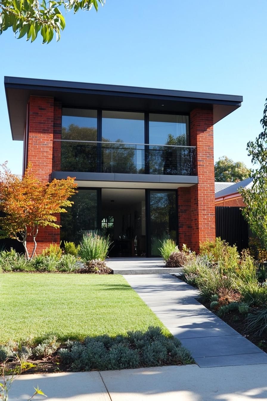 red brick village house with large modern windows concrete paved front yard with lawn and native shrubs