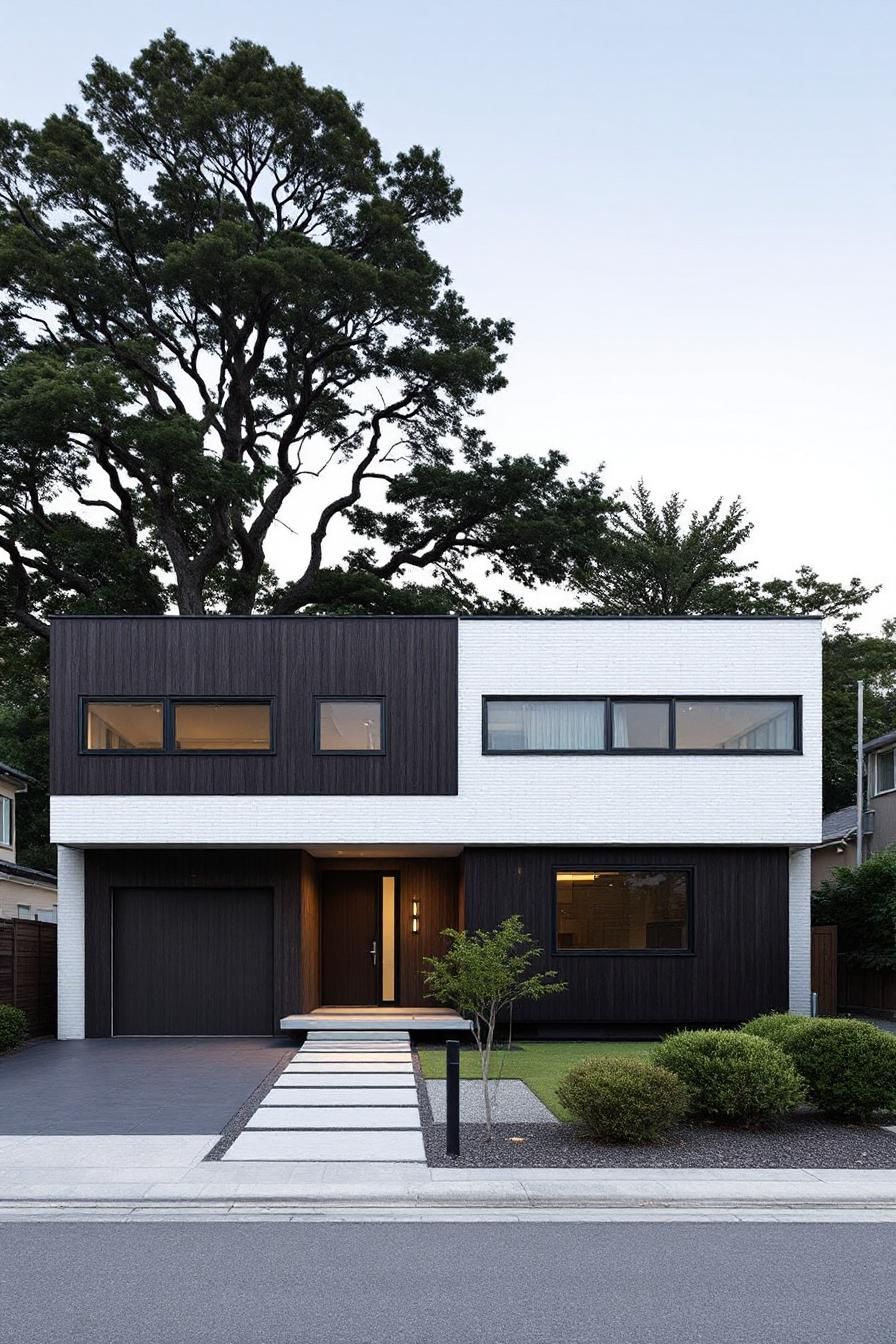 Minimalist two-story house with contrasting materials and trees in the background