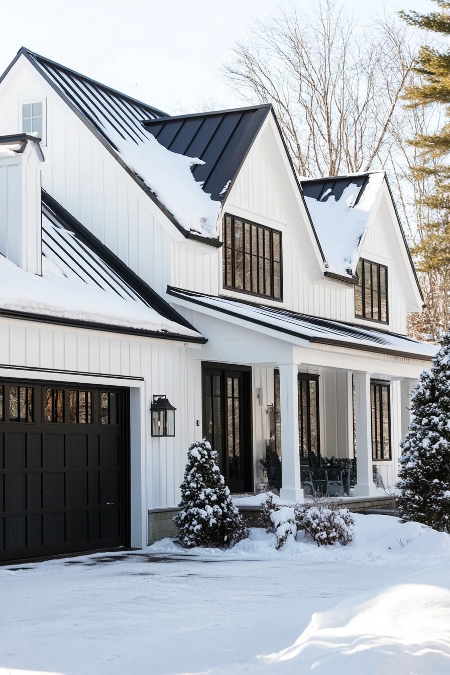 modern white cottage with white siding black trim black multi pitched metal roof black windows large black garage foors black front doors winter 1