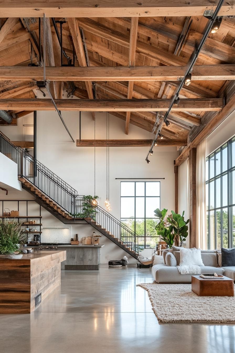 Open loft area with large windows and natural wood details