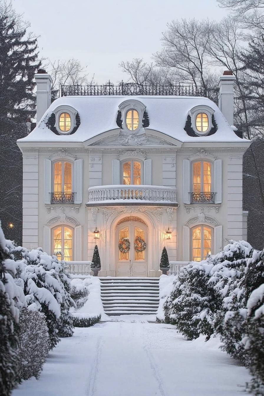 front view of a French mansion with white siding snow on roof with dormers white windows with molding and embellishments balcony with white ornate