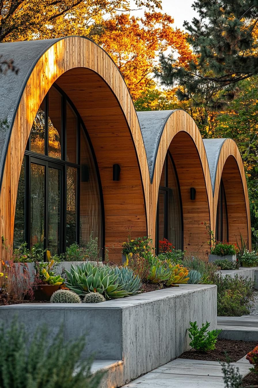 Arched wooden exterior with glass windows and lush plants