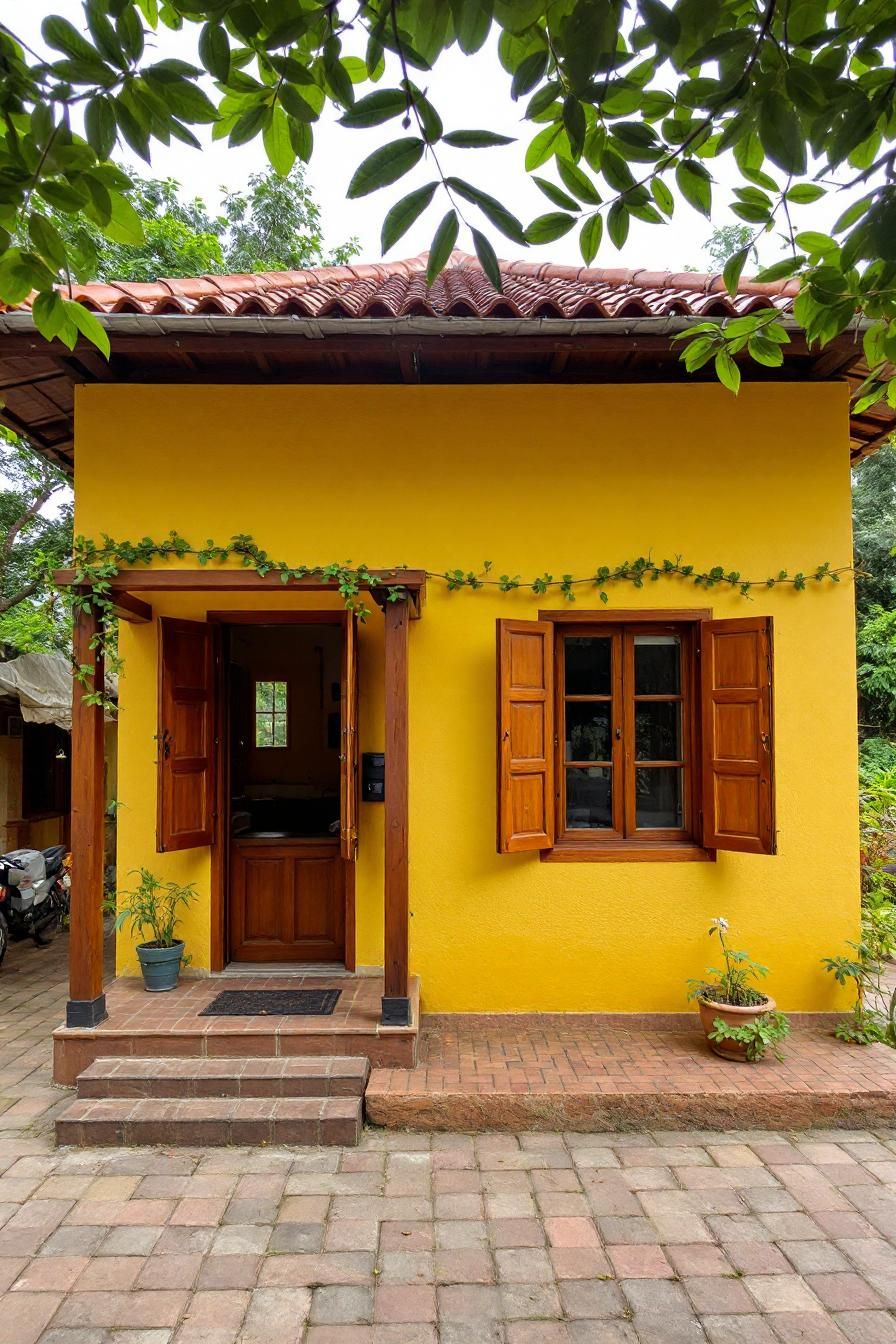 Bright yellow village house with a tiled roof and wooden windows