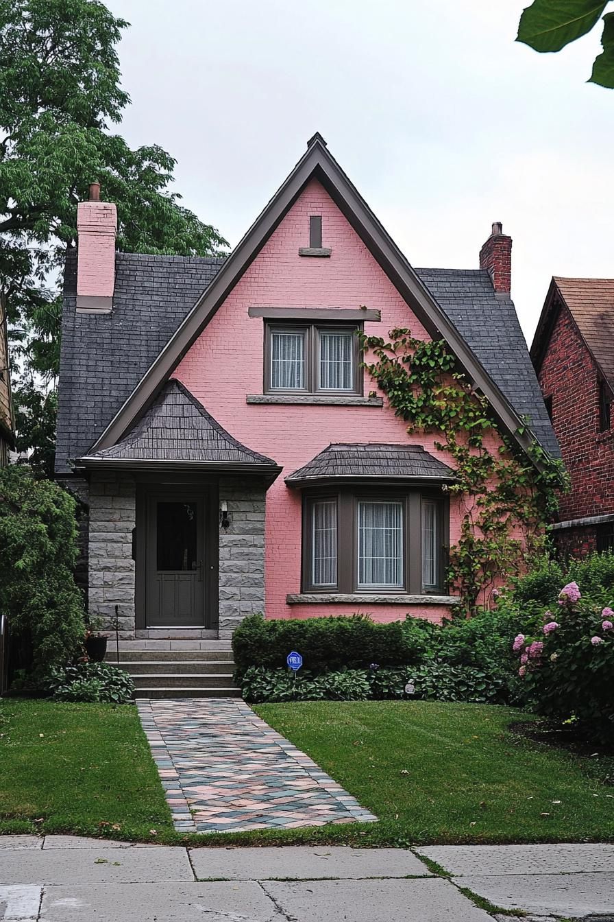 Charming pink house with a gabled roof and green vines