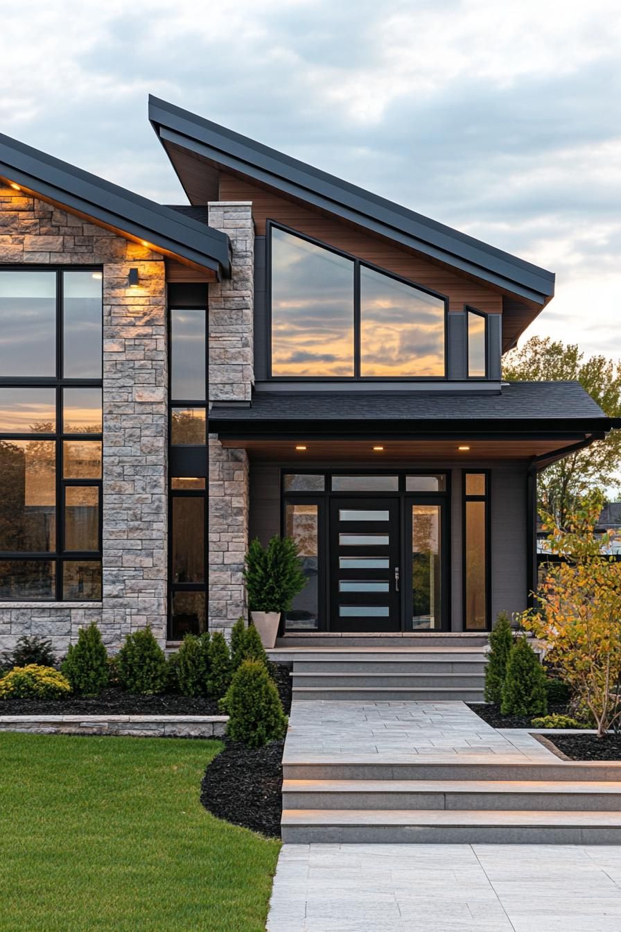 Modern house with large windows and stone exterior