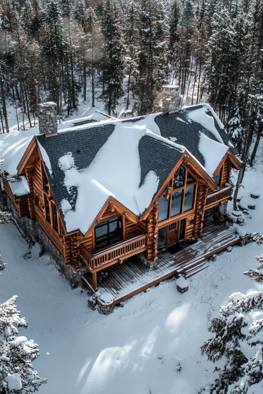 Charming log cabin surrounded by snow-covered trees