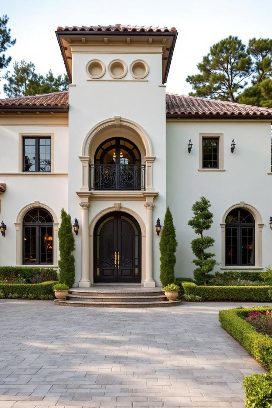 Mediterranean-style villa with grand arches and lush greenery