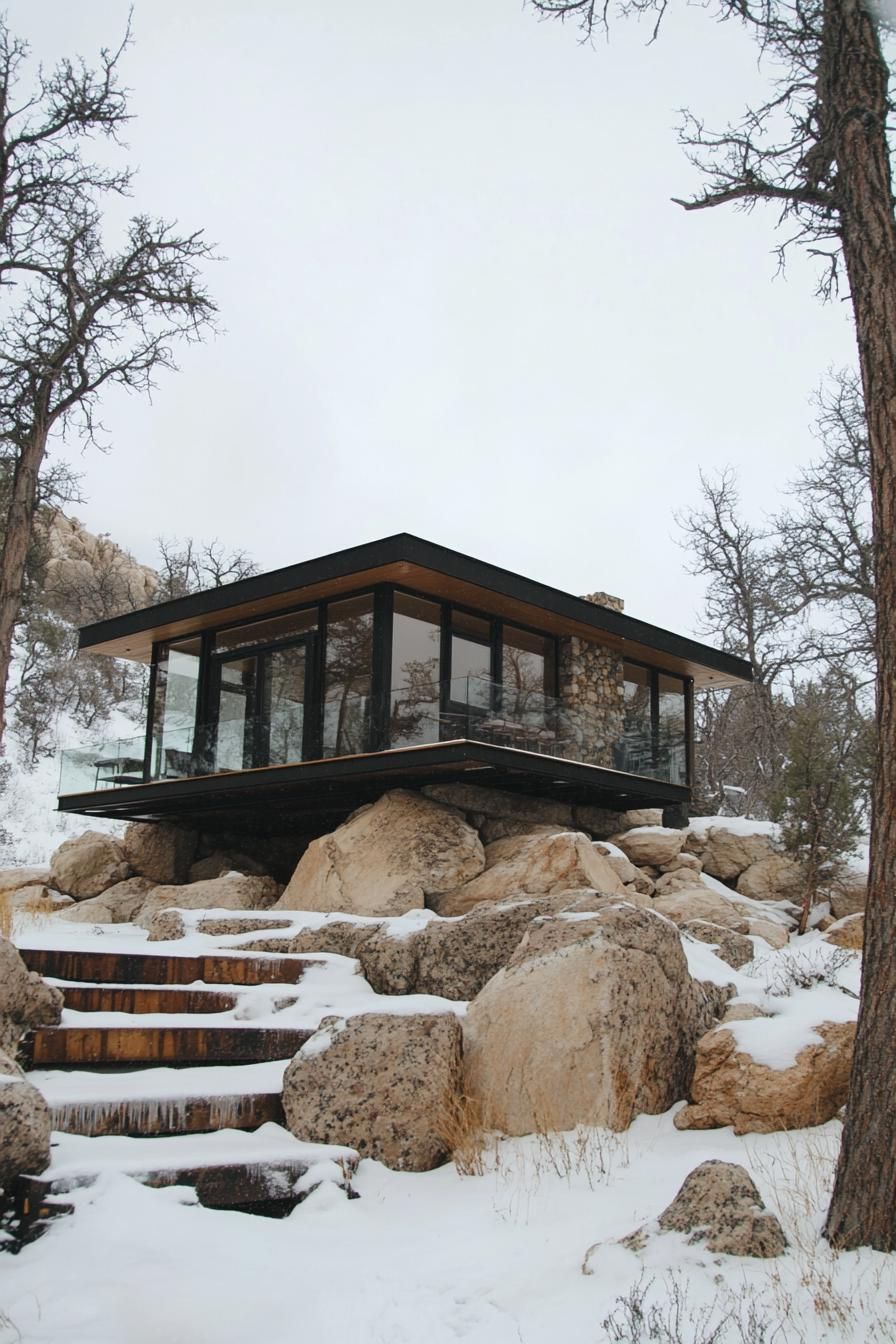 Glass-paneled retreat sitting atop snowy boulders