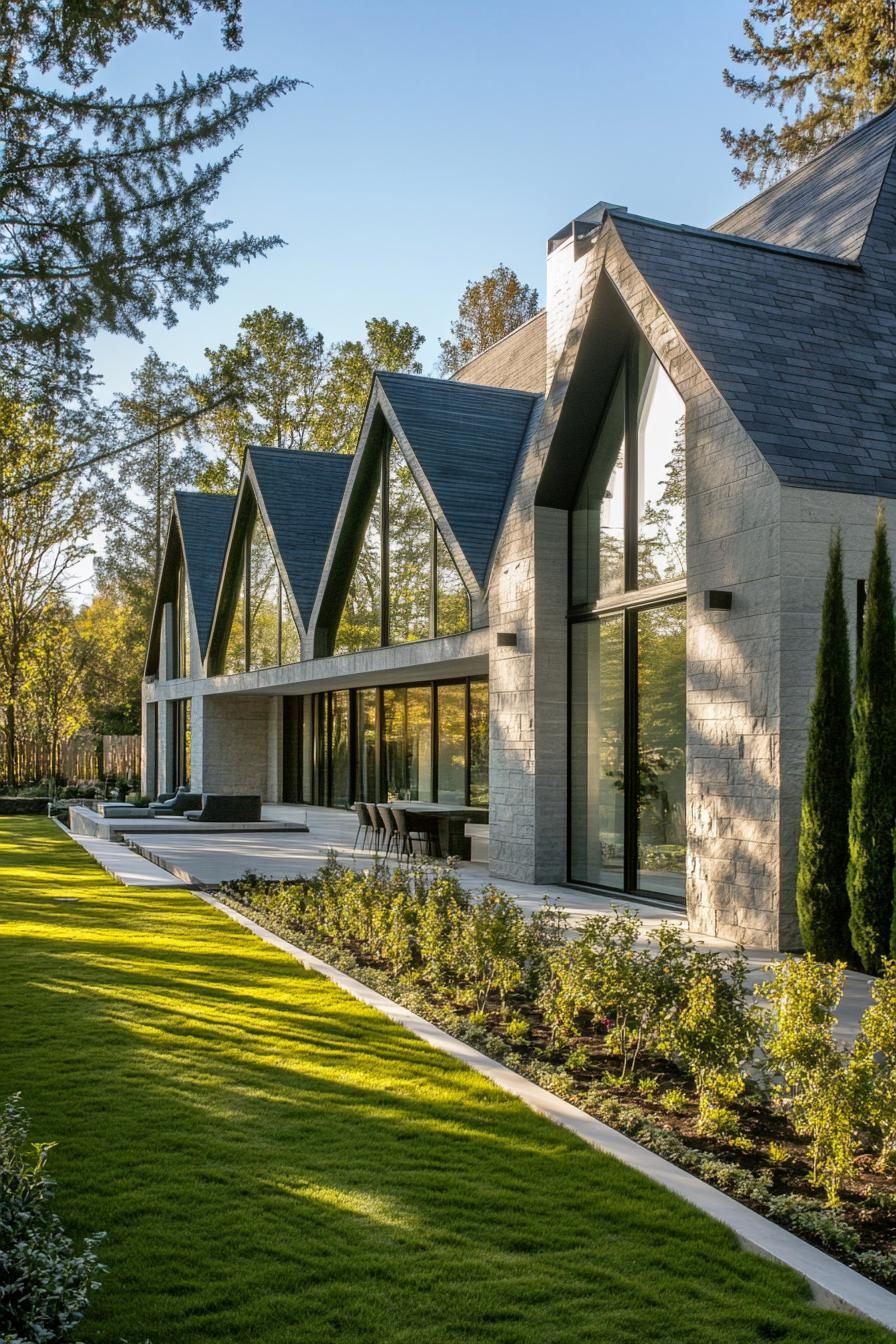 Long house with gabled roof and large windows