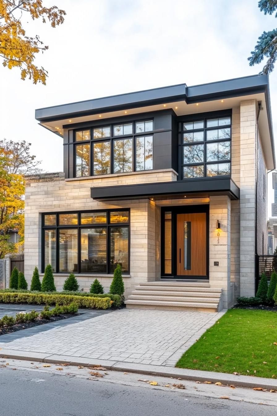 Modern house facade with large windows and stonework