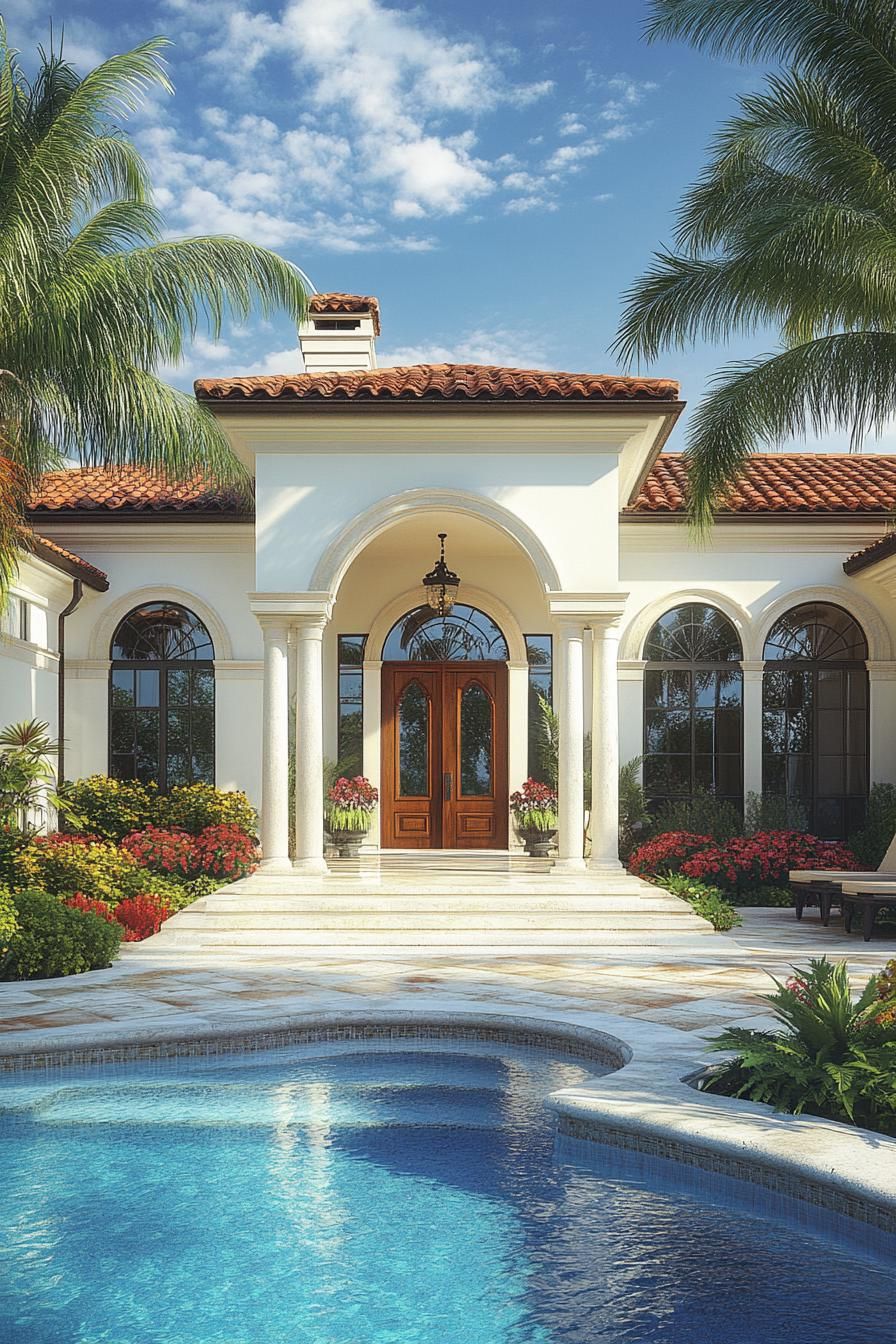 Sunny bungalow entrance with palm trees and pool