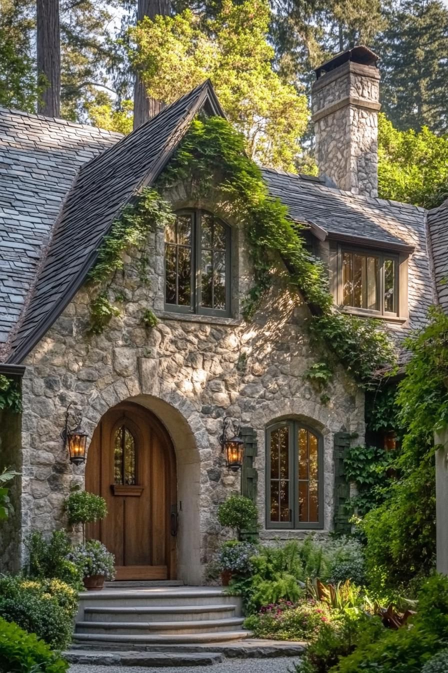 Quaint stone cottage surrounded by greenery and ivy