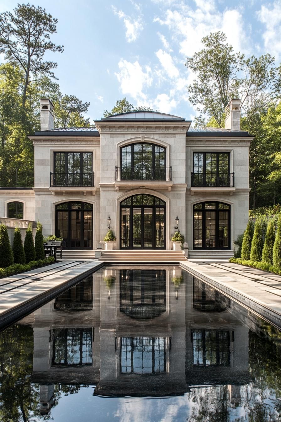 Elegant manor reflecting in a serene pool