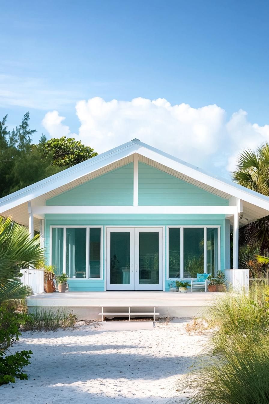 Turquoise beach house with white trim