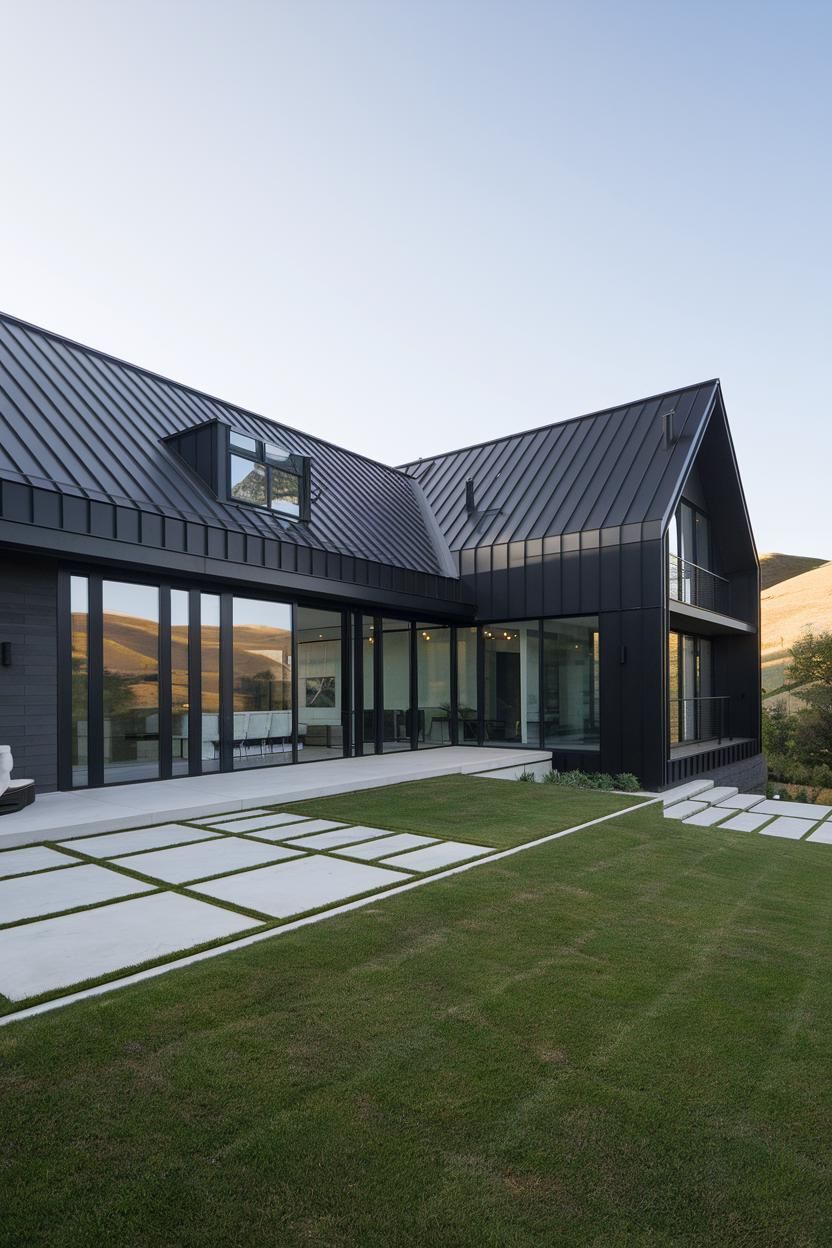 Contemporary black house with gabled roofs and large windows