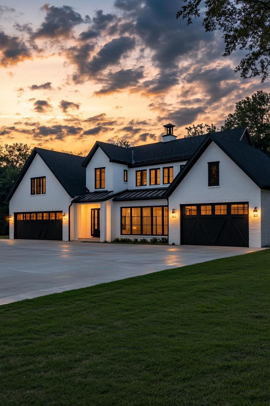 full view of large white shouse barndominium with black roof one side has modern windows and doors the other side has large garage doors wall 1