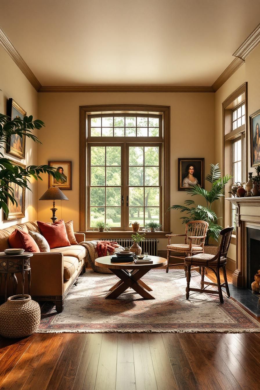 Warm and inviting colonial living room with large window and cozy seating