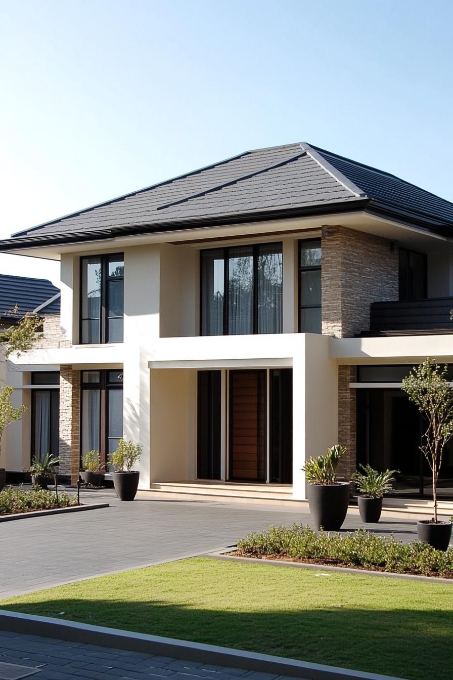 Modern two-story house with stone accents and large windows