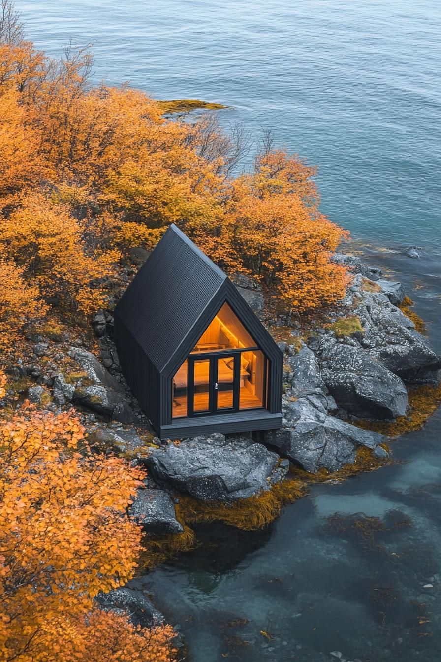 Modern A-frame cabin nestled on rocks by the water