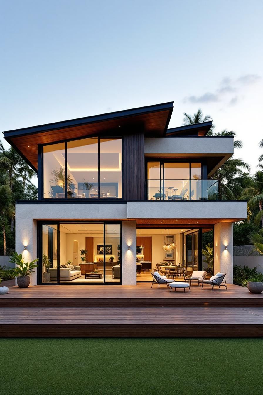 Modern tropical house with large glass windows