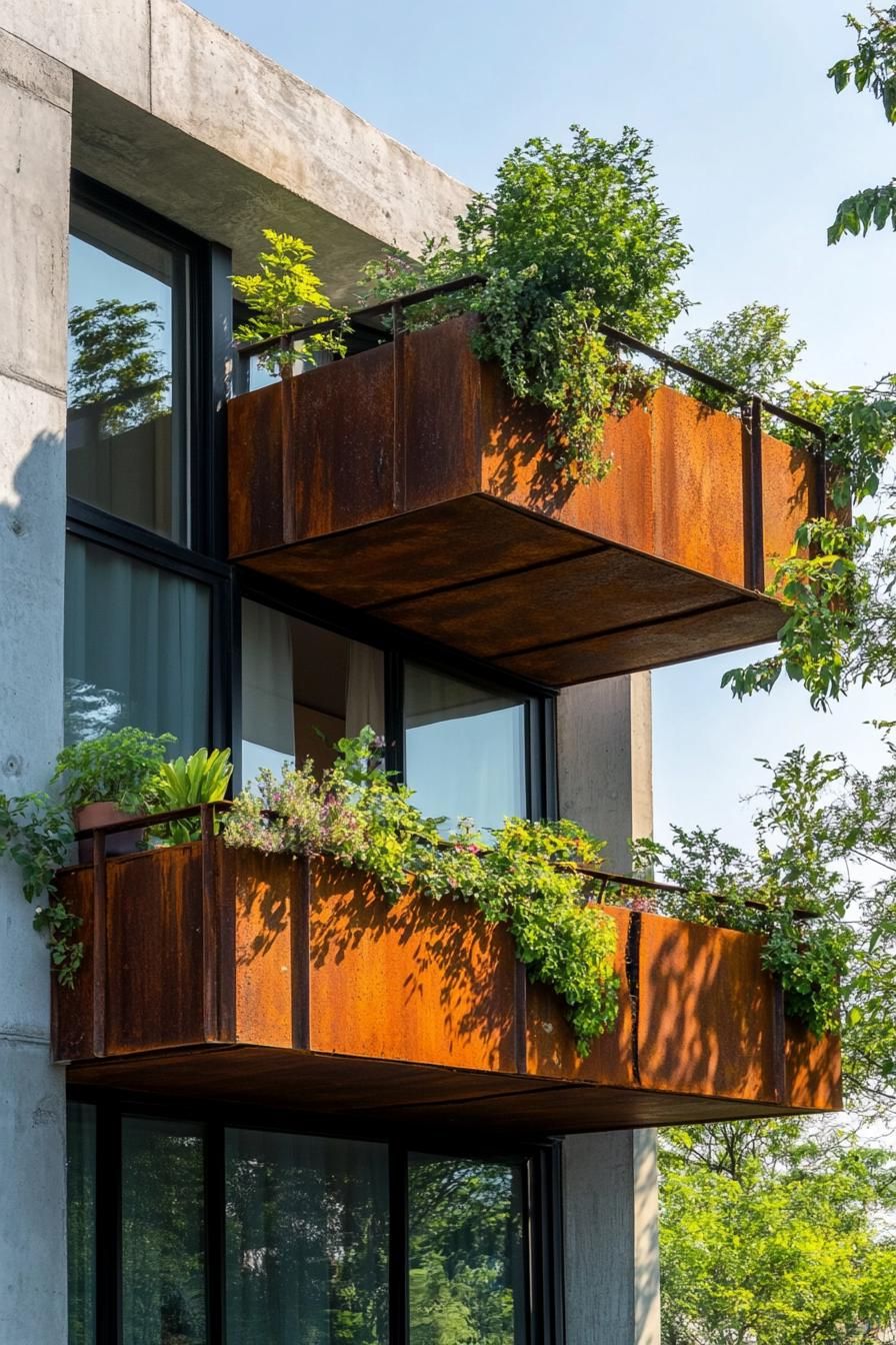 modern house geometric facade with rusted metal balcony planters 1