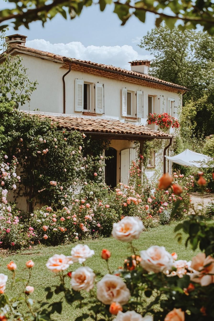 two story countryside house with modern shutter windows lush flower garden with blooming roses in front 2