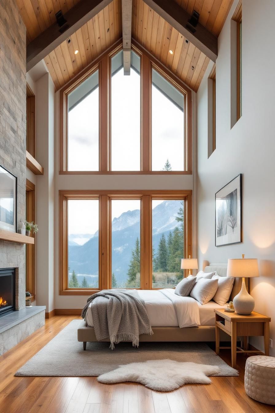 Cozy bedroom with large windows and mountain views